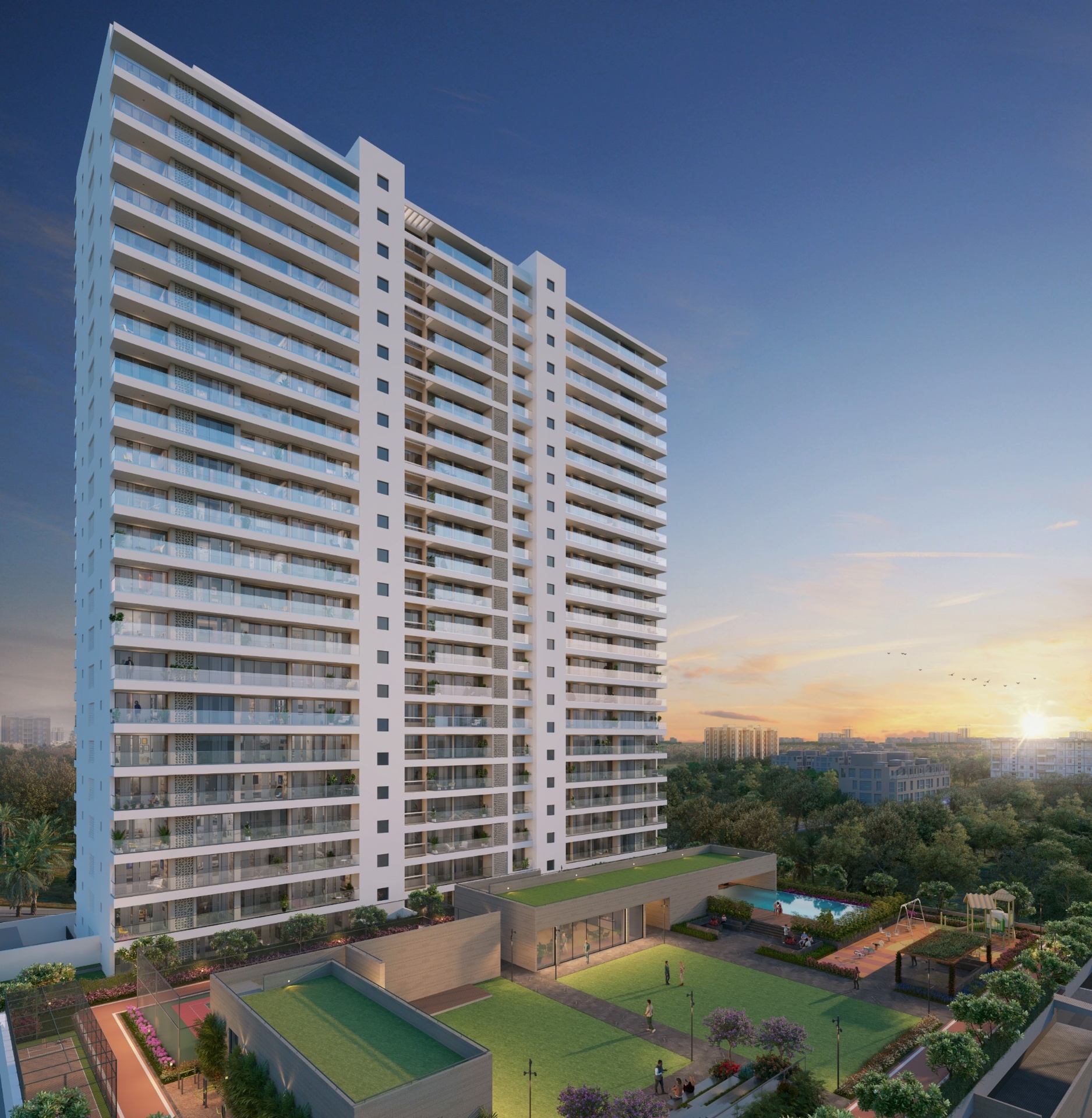 Luxury residential towers at sunset in Kothrud
